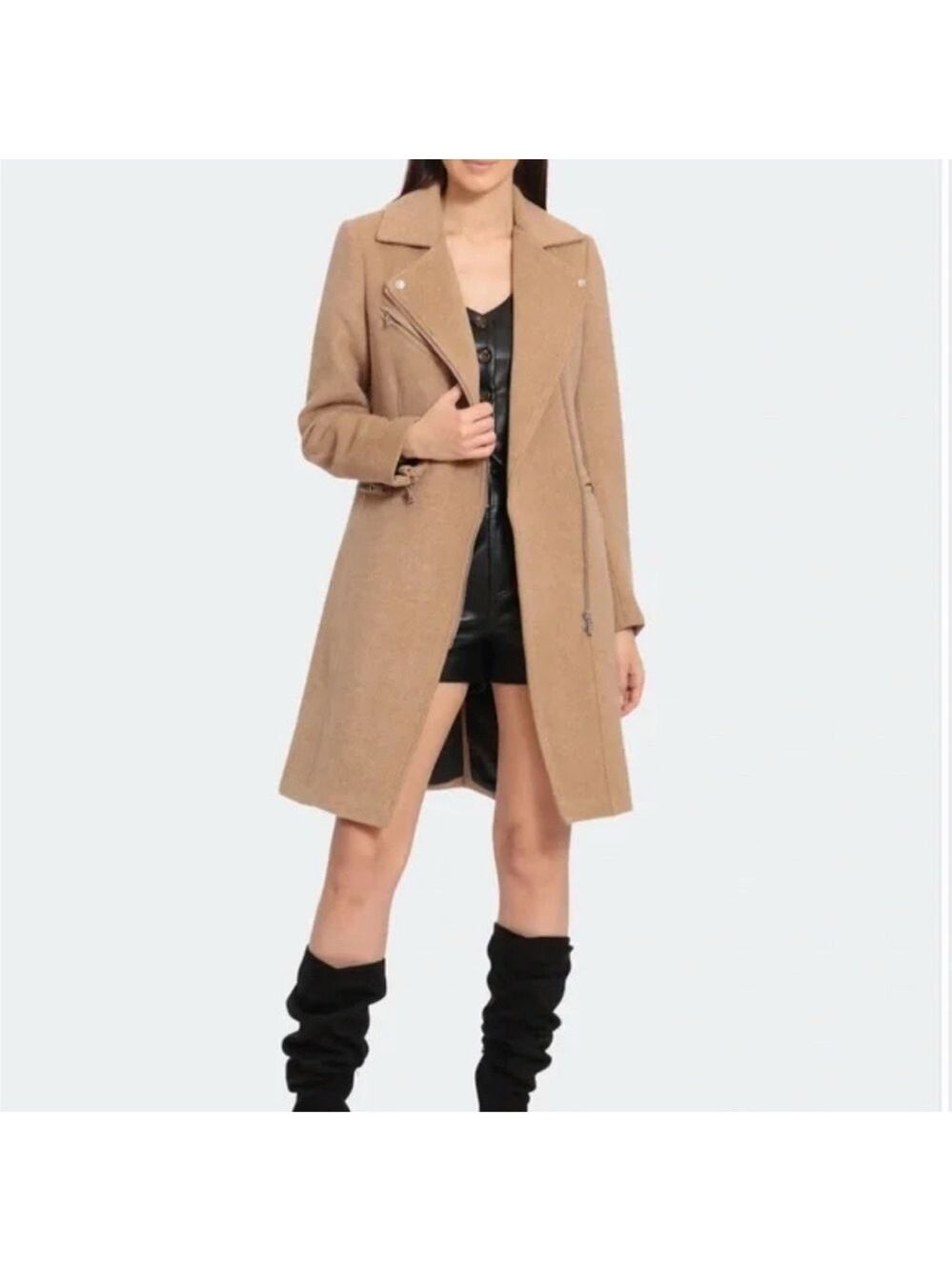 Avec les filles camel moto zip wool blend twill coat Womens Medium Winter fabric